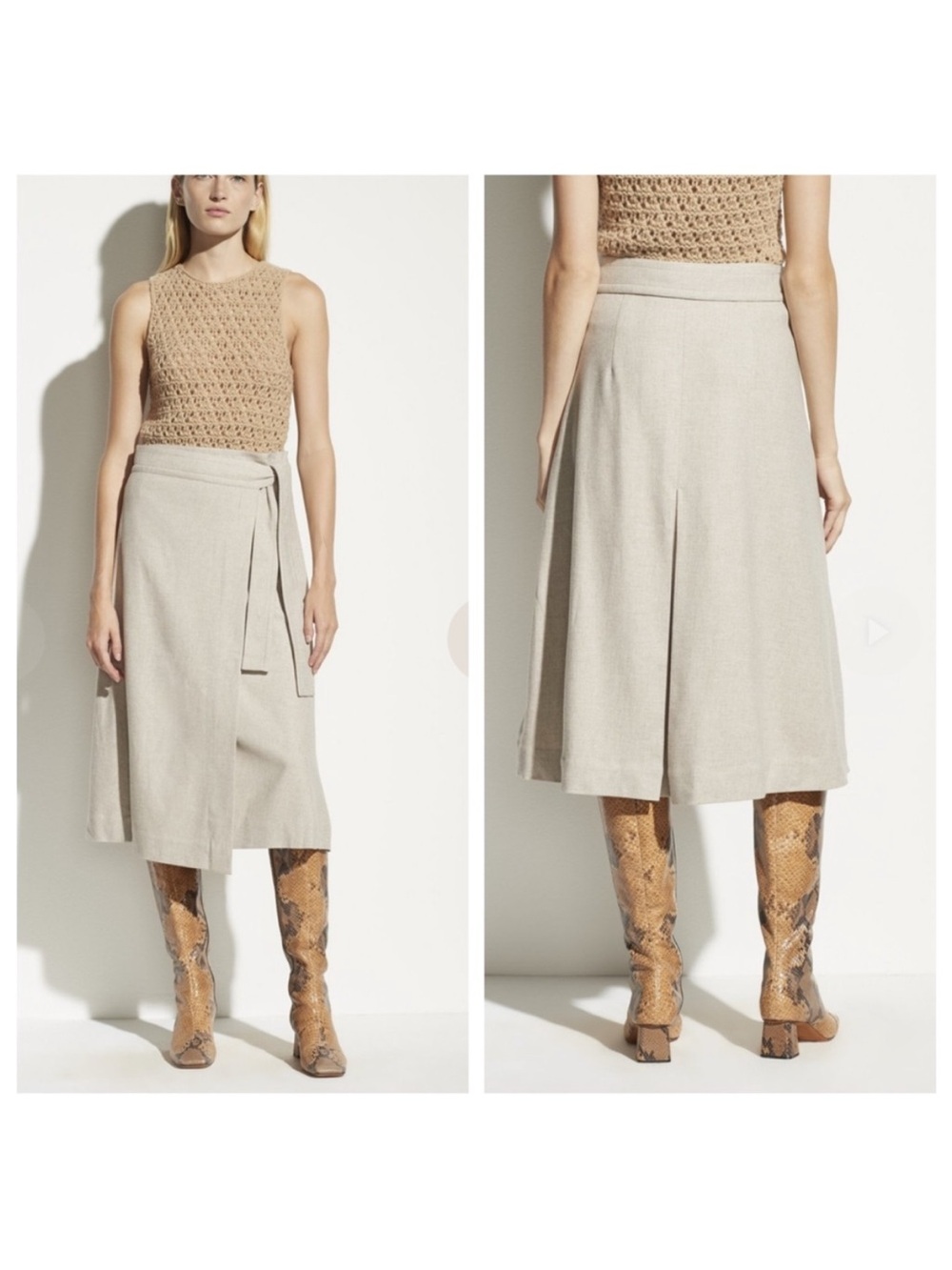 Vince Wrap Belted Wool Blend Midi Skirt Oatmeal 4